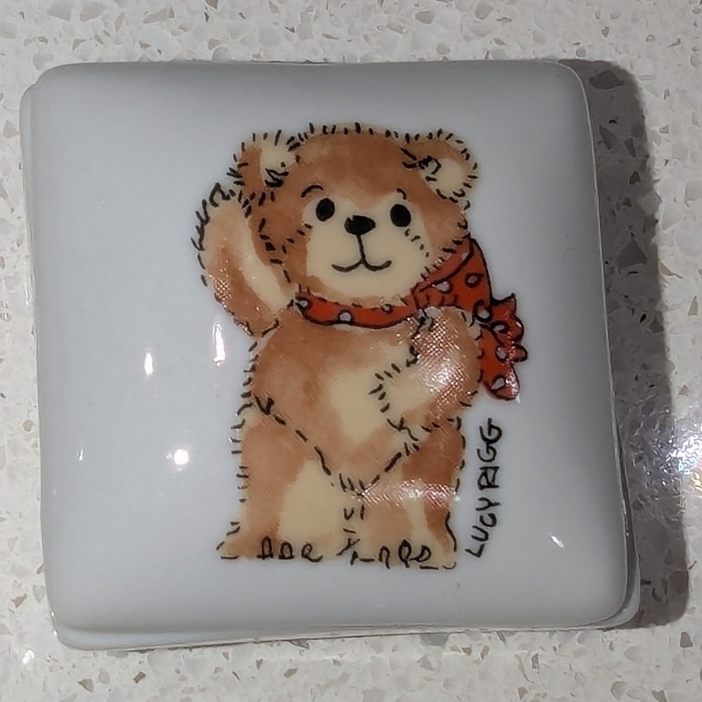 Enesco Trinket Keepsake Box White Porcelain Lucy Rigg Teddy Bear 1979 Japan Sml
